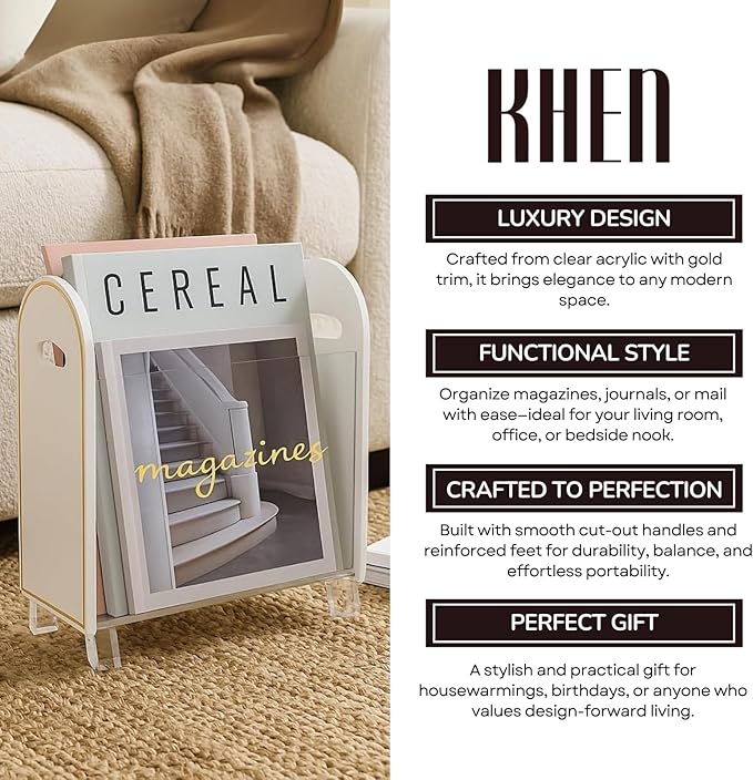 Khen Acrylic Magazine Rack Holder & Gold Trim - 12.40" x 10" x 4.49" - Crystal Lucite Clear - Shatterproof - Open Top - Space Saver - For Magazines, Publications, Office Desk, Reception, Waiting Room