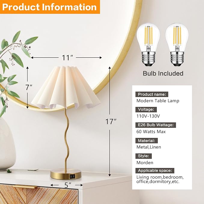 EOEYYOYB Pleated Table Lamp, Set of 2 Table Lamps for Bedroom, Bedside Lamps for Nightstand with Linen Lampshade, Modern Lamp for Bedroom Home Office Decor, Gold