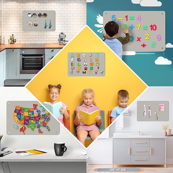 Magnetic Board,17.5" x 11.4" Magnet Bulletin Board to Display Magnetic Notes, Poetry, Photos, Suitable for Wall, Refrigerator, Cabinet etc, Come with 4 Pcs Dual Lock Tape and Screws (Gray)
