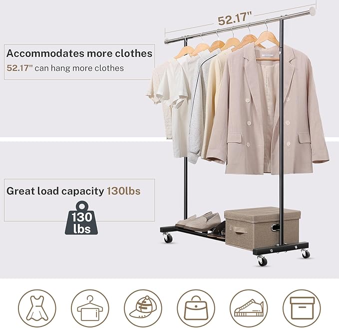 Clothes Rack, 130LB Capacity Heavy Duty Clothing Rack with Wheels and Bottom Shelf, 52.17 Inch Rolling Racks for Hanging Clothes, Coats, Shirts, Sweaters, Skirts, Dress, Black