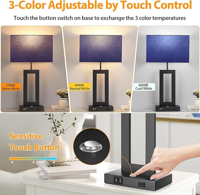 3 Color Temperatures Table Lamps for Bedrooms Set of 2, 22’’ Touch Control Bedside Nightstand Lamps with 2 USB Ports & AC Outlet, Stepless Dimmable Lamps with Blue Shade, Modern Decor for Living Room