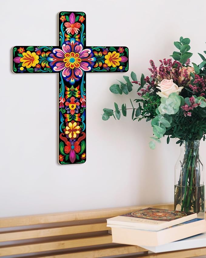 Putuo Decor Floral Cross Wall Decor Painted Decorative Wooden Inspirational Cross Spanish Style Wall Cross Decor Mexican Art Wall Decor Crucifix for Home Room Church Decoration