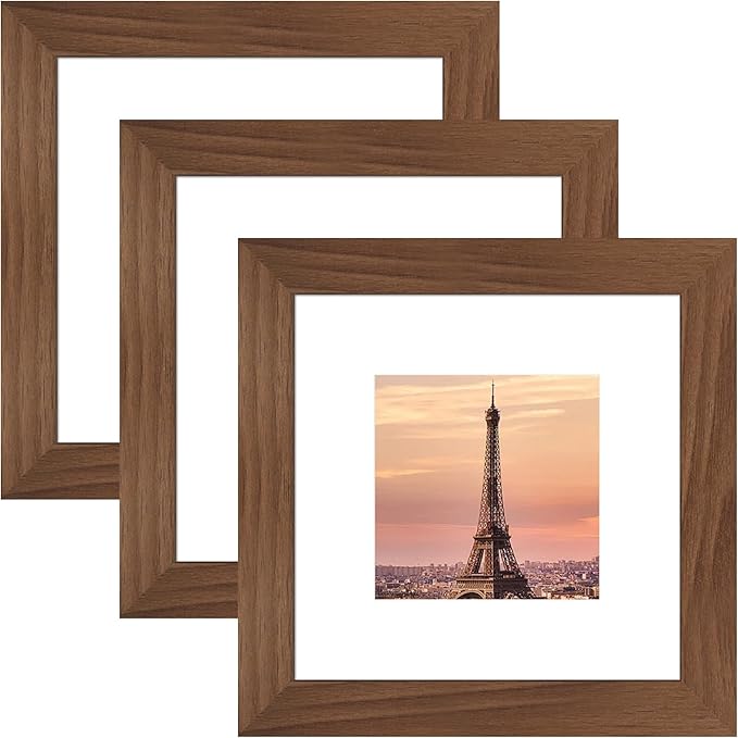 6x6 Picture Frame 3 Pack - Brown Poster Frame Display Pictures 4x4 with Mat or 6 x 6 Without Mat for Wall Hanging Horizontal and Vertical