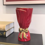Red and Gold Bow Ceramic Vase - Flower Vases for Home Decor, Bow Decor, Boho Style, 9.65 Inch Flower Vases for Bouquet, Large Vase for Ideal Shelf Decor/Table (Red and Gold, Large)
