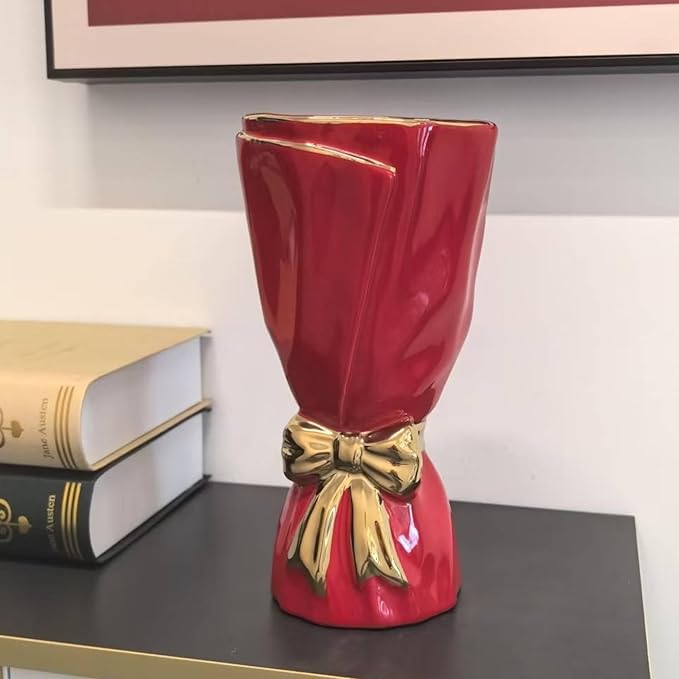 Red and Gold Bow Ceramic Vase - Flower Vases for Home Decor, Bow Decor, Boho Style, 9.65 Inch Flower Vases for Bouquet, Large Vase for Ideal Shelf Decor/Table (Red and Gold, Large)