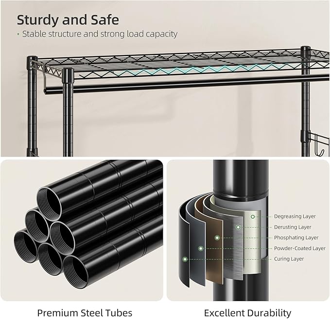 Simple Trending Heavy Duty Clothing Rack 3 Tiers Adjustable Wire Shelving Clothes Rack with Double Rods and Side Hooks, Freestanding Wardrobe Storage Rack Metal Garment Rack, Black