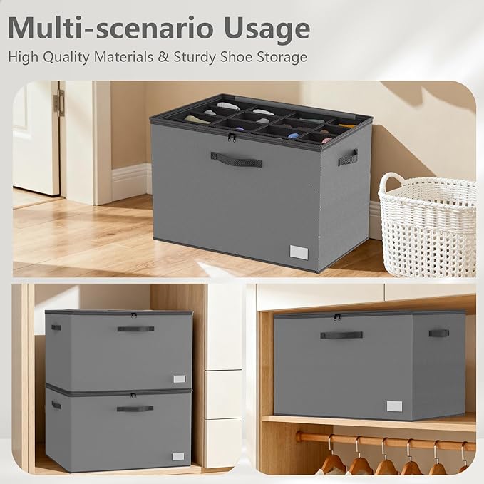 VERONLY 2-Pack Foldable Shoe Organizer for Closet and Storage Box with Adjustable Divider,Fits 16-32 Pairs, Space-Saving Closet & Entryway Storage System with Grey Fabric Bins