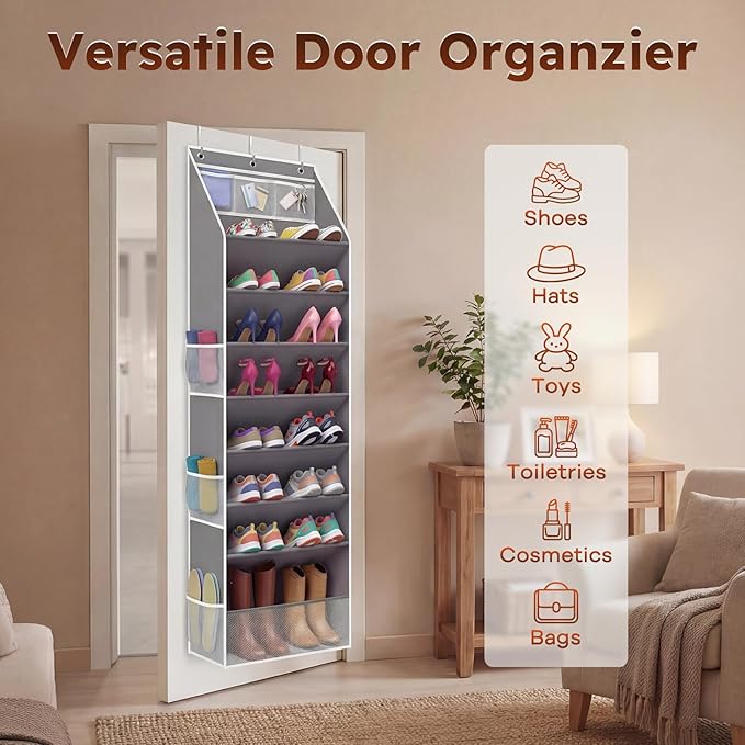 Over The Door Shoe Organizer - 8 Tier Hanging Shoe Organizer with Large Capacity Pockets, Shoe Organizer for Closet, Shoes Rack for Door, Fits 16-24 Pairs of Sneakers, Boots, Heels – Grey