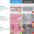 HomeHacks Storage 8-Pack Clothes Organizer Storage Bags Foldable Storage Box with Large Clear Window Sturdy Handles for Closet, Dorm, Pillows, Bedding, Clothes, Blankets, 35L, Pink