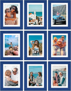 Vittanly 5x7 Picture Frames Set of 9, Shatter Resistant Plexiglass, Display 4x6 Pictures with Mat or 5x7 without Mat, Photo Frames for Wall or Tabletop, Engineered Wood, Blue