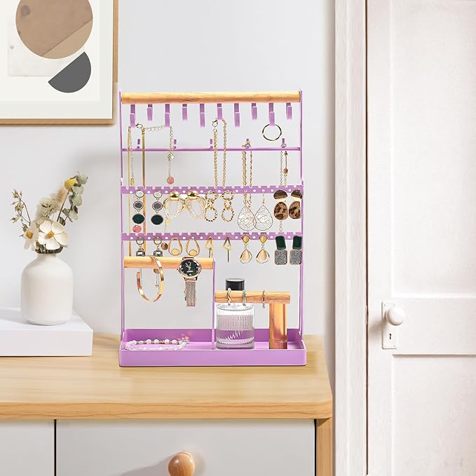 ProCase Jewelry Organizer Stand Necklace Organizer Earring Holder, 6 Tier Jewelry Stand Necklace Holder with 15 Hooks, Jewelry Tower Display Rack Storage Tree for Bracelets Earrings Rings -Purple