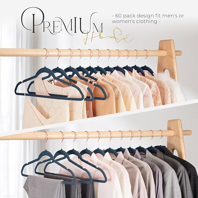 HOUSE DAY Velvet Hangers 60 Pack, Premium Clothes Non-Slip Felt Hangers, Sturdy Navy Blue Men Heavy Duty Coat Hanger, Suit Hanger for Space Saving 360° Rotating Rose Gold Hook