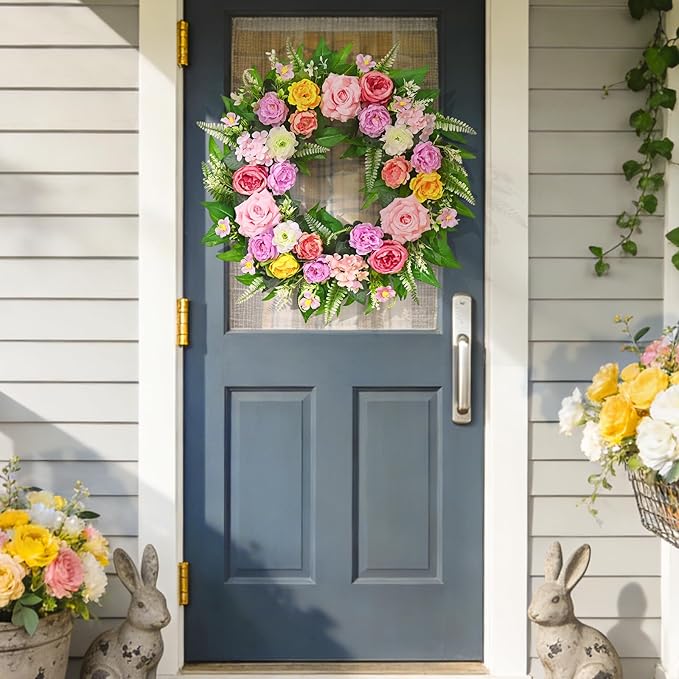 Yastouay Summer Wreaths for Front Door, 24 Inch Large Summer Wreath with Realistic Rose Peony, Full Floral Wreaths for Front Door Porch Farmhouse Patio Wall Decor All Season