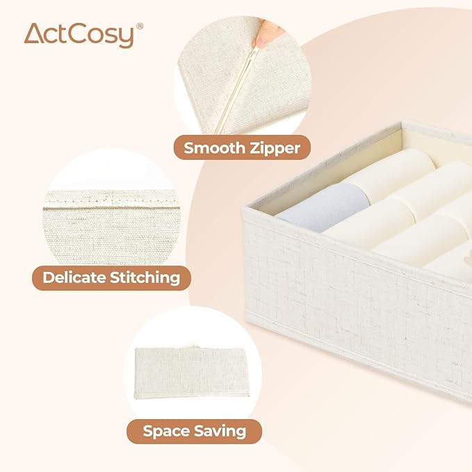 12 Pack Drawer Organizer for Baby Clothes, Linen Fabric Nursery Organizer for Baby Diaper, Collapsible Deep Fabric Drawer Organizer with Zipper for Socks, Bra, Towels, Ties, Beige