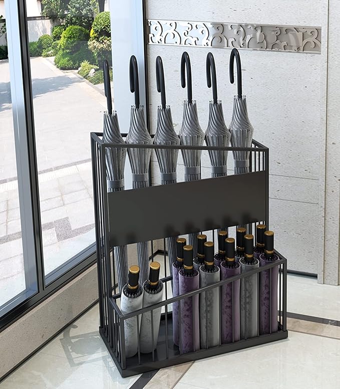 2-Tier Metal Umbrella Stand, Large-Capacity Commercial Umbrella Holder, Anti-Odor, Stable Base, Black Iron