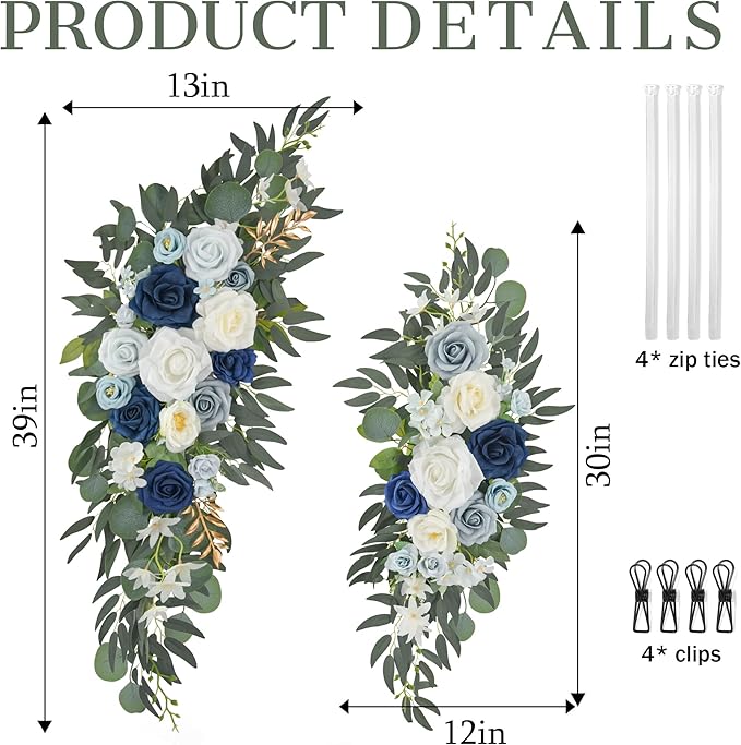 Ting's time Wedding Arch Flowers Pack of 2 Artificial Silk Large Flower Swag Welcome Sign Floral Swag Reception Backdrop Floral Decor for Fall Wedding Party Ceremony (Dusty Blue & White)