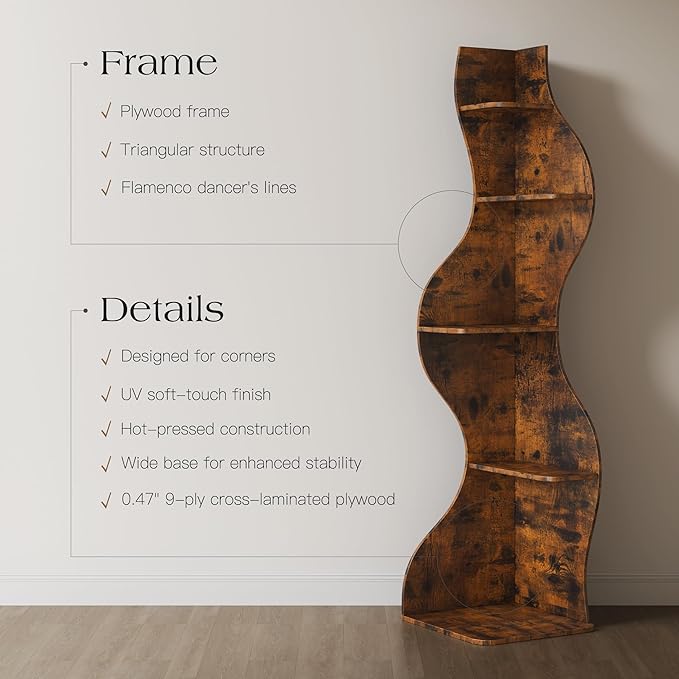 YOWOS Modern Corner Shelf, 5 Tier High Corner Bookshelf for Small Spaces, Scalloped Corner Bookshelf and Storage, Wooden Display Stand for Plants, Books and Decorations (Rustic)