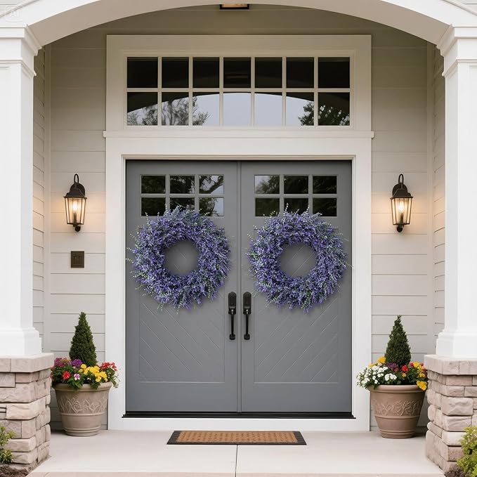32" Lavender & Eucalyptus Wreath for Front Door, Porch, Window - Large Artificial Greenery Outdoor Wreath for Home, Farmhouse Decor - Spring, Summer, Fall, All Seasons (Purple)