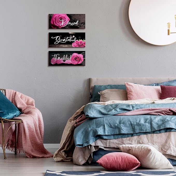 Hillban 3 Pieces Rose Wooden Wall Decor Rose Bathroom Decor Thankful Grateful Blessed Accessories Inspirational Wall Art Signs for Living Room Kitchen Wedding(10 x 4 Inch,Pink)