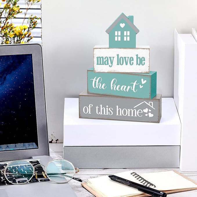 Cinnvoice 4 Pcs Farmhouse Tabletop Decor Rustic Family Blessed Home Table Centerpiece This Is Us Sign for Kitchen Shelf Desk Fireplace Mantel Tiered Tray Decor(May Love Be the Heart of This Home)