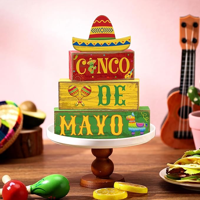 Yuntau 4 Pcs Cinco De Mayo Decorations Wooden Mexican Table Farmhouse Cinco De Mayo Tiered Tray Decor Fiesta Stacked Blocks Tabletop Decorative Book Mexican Centerpieces for Carnival Shelf Home