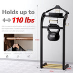 Suit Valet Stand for Men, Wood Mens Valet Stand with Base, Contour Hanger, Tray, Trouser Bar and Tie Bar, Clothes Valet Stand for Bedroom Entryway Home Living Room Office (Black)