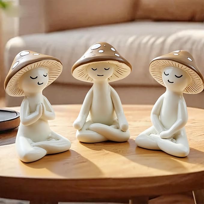 Meditation Mushroom Resin Statues – Cute Yoga Mushroom Figurines for Desk, Home, Office & Garden Decor – Zen Resin Sculptures for Living Room, Patio, Tabletop & Backyard (3 Pack, Mushroom)