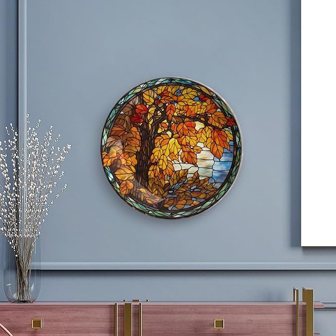 Autumn Decorative Plates, Stained Glass Design Autumn Tree Display Plate for Home Office Kitchen Table Decor Porcelain Plates 7 Inch, Thanksgiving Gifts