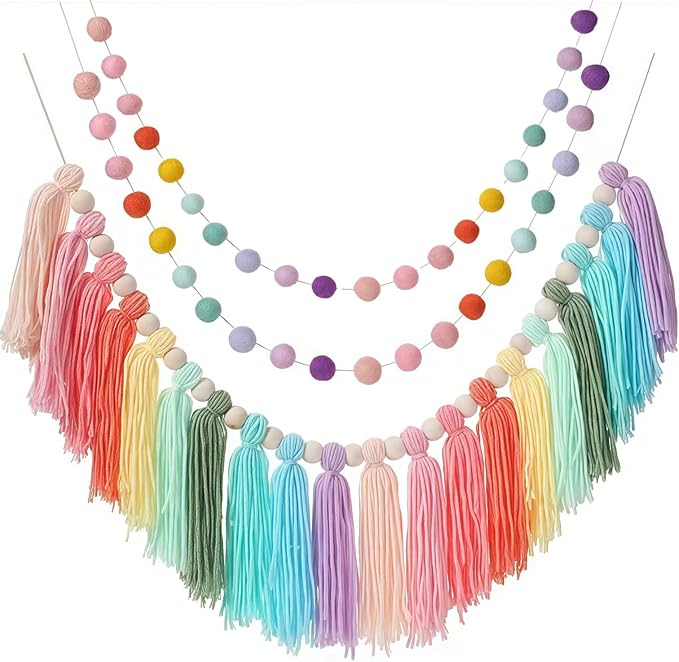 3 Pack Pastel Rainbow Tassel Garland Decorations, Boho Tassel Garland with Wood Beads Colorful Pom Pom Banner Rainbow Wall Hanging Decor for Classroom, Party, Kids Room, Nursery, Baby Shower