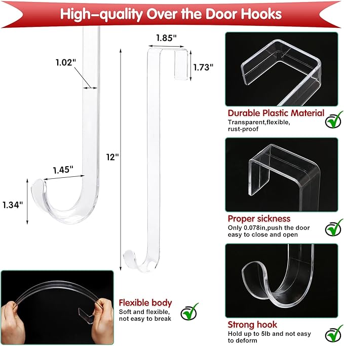 12" Clear Wreath Hangers for Front Door, 3 Pack Non-Scratch Over The Door Hooks Hanger, All-Season Decorations & Storage