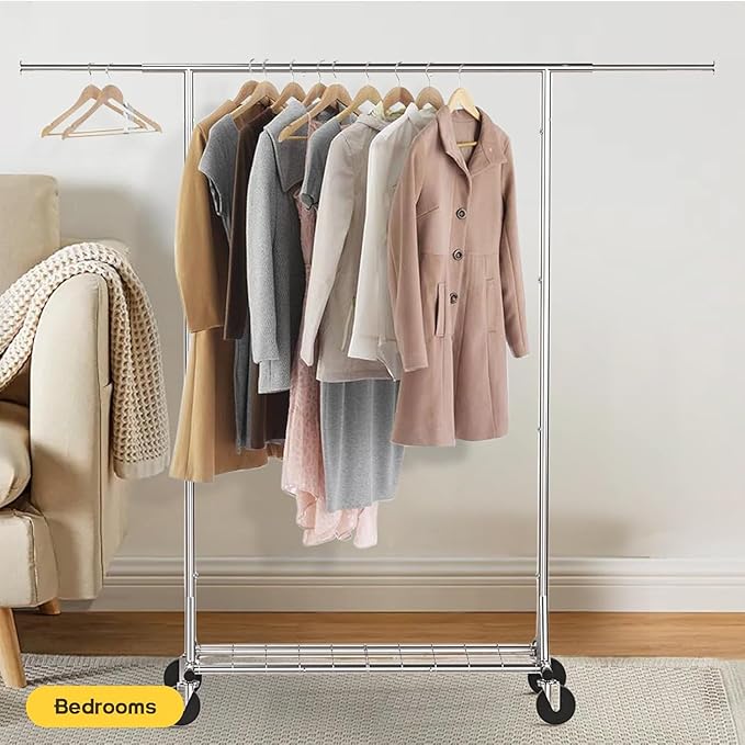 Clothing Garment Rack Capacity 550LBS Rolling Clothes Rack on Wheels - Heavy Duty Commercial Storage Organizer - Mobile Clothes Rack with Multifunctional Design (Silver)