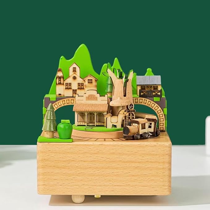 Natural Solid Wood Handcrafted Beech Wooden, Musical FigureTotoro/Carousel/Fairy/Ballerina Figurine,Rotating Hand Crank Mechanism Music Box,Musical Decorations (The Train in the Cavern)