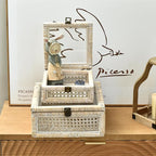 DECOR4SEASON Rattan and Cane Square Stacking Boxes with Glass Top Lid - Set of 2 for Boho, and Rustic Farmhouse Décor, White Wash
