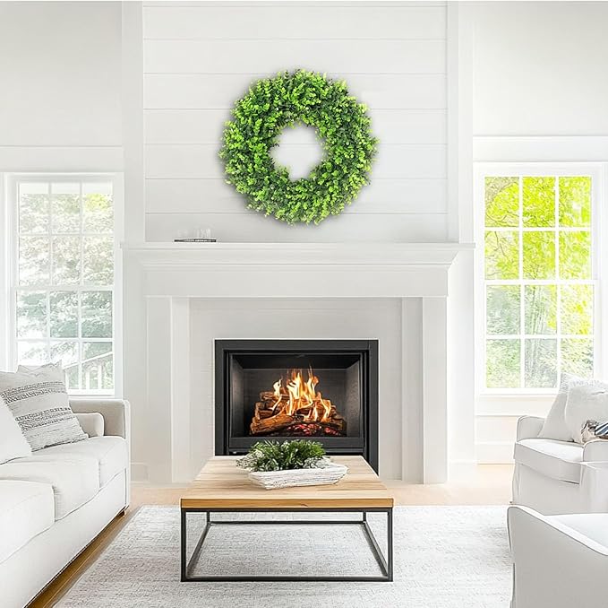 24-26'' Large Boxwood Wreath for Front Door, Porch, Window - Foldable Greenery Boxwood Wreaths for Farmhouse Wedding Indoor Outdoor Decor - Spring, Summer, Fall, All Seasons (with Sash)