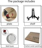 Rooster Decorative Plate Holder, 10 Inch, Rooster In The Reeds Round Display Plate, Table Top Plate Decor with Stand, for Home Kitchen Bedroom Decorative Ornaments