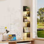 Qupui 5-Tier Corner Shelf with LED Lights, 49 Inch Floating Wall Mounted Corner Shelf for Bedroom Living Room Bathroom, Black Corner Bookshelf Display Stand with RGB Lighting