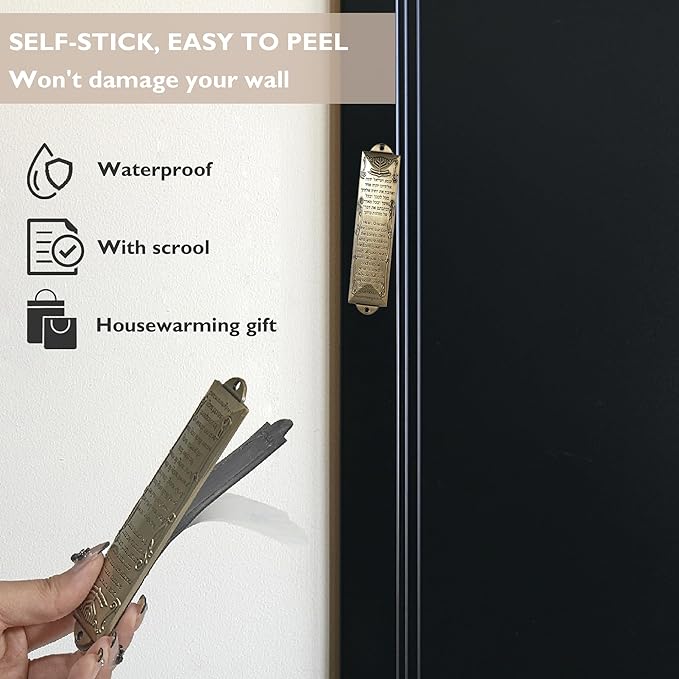 Mezuzah with Scroll for Door, Metal Mezuzah Cases with Double Sided Tape, Waterproof Plaque with English and Hebrew Blessing Scripture for Jewish House Warming Gift, Hannukah Decor (2 Pcs)