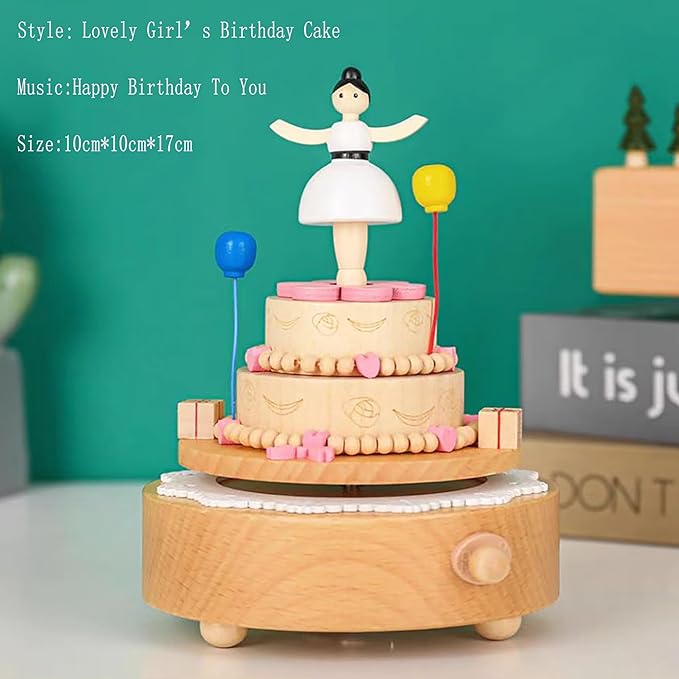 Natural Solid Wood Handcrafted Beech Wooden, Musical FigureTotoro/Carousel/Fairy/Ballerina Figurine,Rotating Hand Crank Mechanism Music Box,Musical Decorations (Lovely Girl's Birthday Cake)