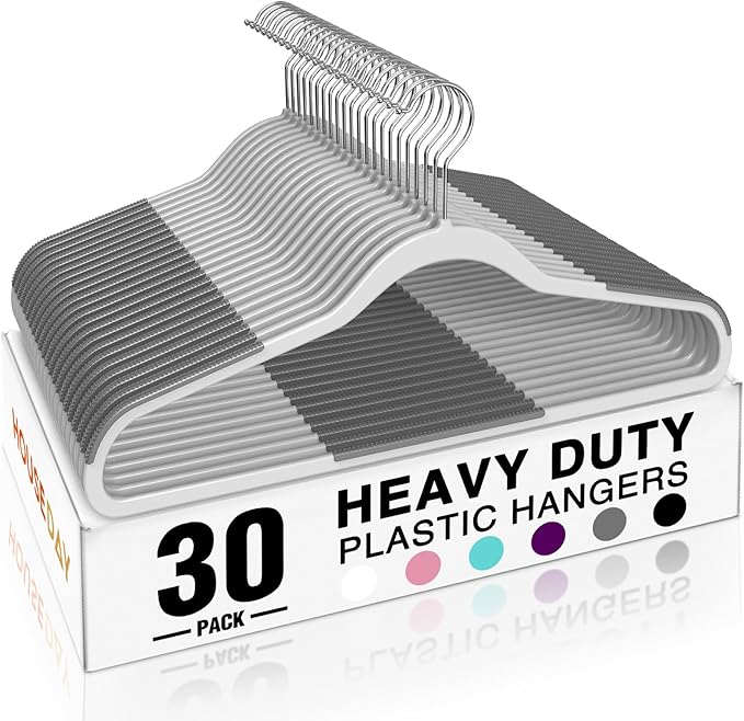 HOUSE DAY Heavy Duty Plastic Hangers 30 Pack, Non Slip Clothes Hangers with Rubber Pads and 360° Hook - Thin 0.2 Inch, Space Saving Coat Hanger Grey, Closet Organizer for Shirt, Pants, Suit, Skirt