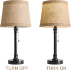 Oneach 19.5" Small Table Lamp with USB A+C Charging Ports, Black Modern Rustic Bedside Lamp with Natural Shade, Black Metal Pull Chain Desk Lamps for Living Room, Bedroom, Nightstand