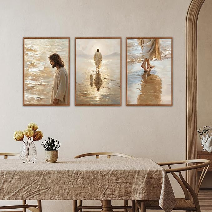 KAlRNE Jesus Walking On Water Wall Art Set of 3(24”X36”),Christian Bible Wall Decor,Neutral Spiritual Framed Canvas Paintings,Lost Sheep Art Prints For Living Room Bedroom Church Office