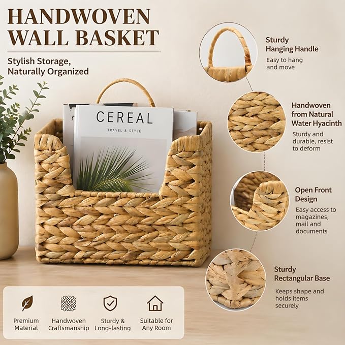 ZAVOOS Woven Hanging Magazine Holder, Water Hyacinth Storage Basket with Handle for Files, Books, Letters, Natural Wall Mounted Mail Organizer Rack for Office, Home, Farmhouse Decor