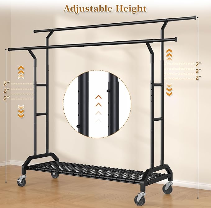 Heavy Duty Clothes Rack Double Clothing Rack 450lbs Capacity 3" Industrial Wheels 51"-71" L X 19.7" D X 73"-79" H Stury Rolling Clothes Rack Adjustable Rolling Garment Rack Black
