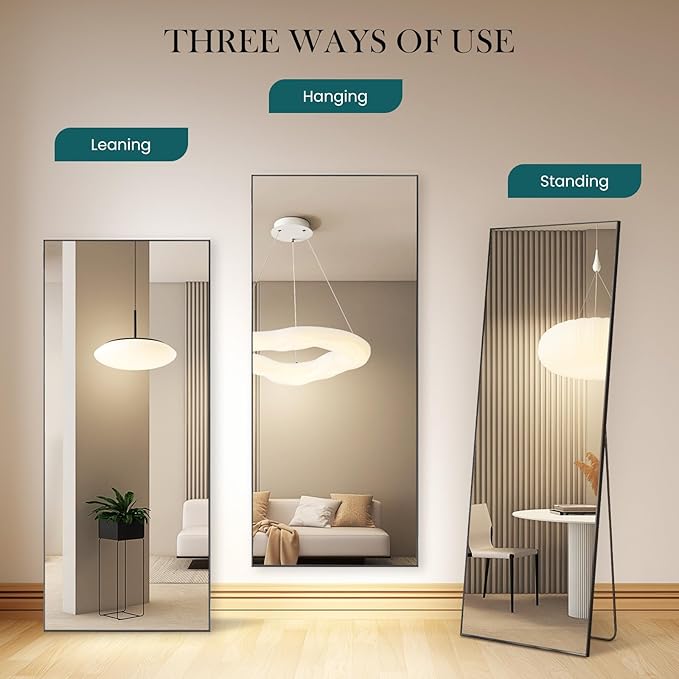 DUMOS 64"x21" Full Length Mirror, Full Body Mirror with Aluminum Alloy Thin Frame, Standing Mirrors with Leaning or Hanging, Suitable for Bedroom, Livingroom, Cloakroom, Black