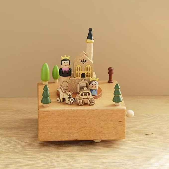 Natural Solid Wood Handcrafted Beech Wooden, Musical FigureTotoro/Carousel/Fairy/Ballerina Figurine,Rotating Hand Crank Mechanism Music Box,Musical Decorations (Prince and Princess)