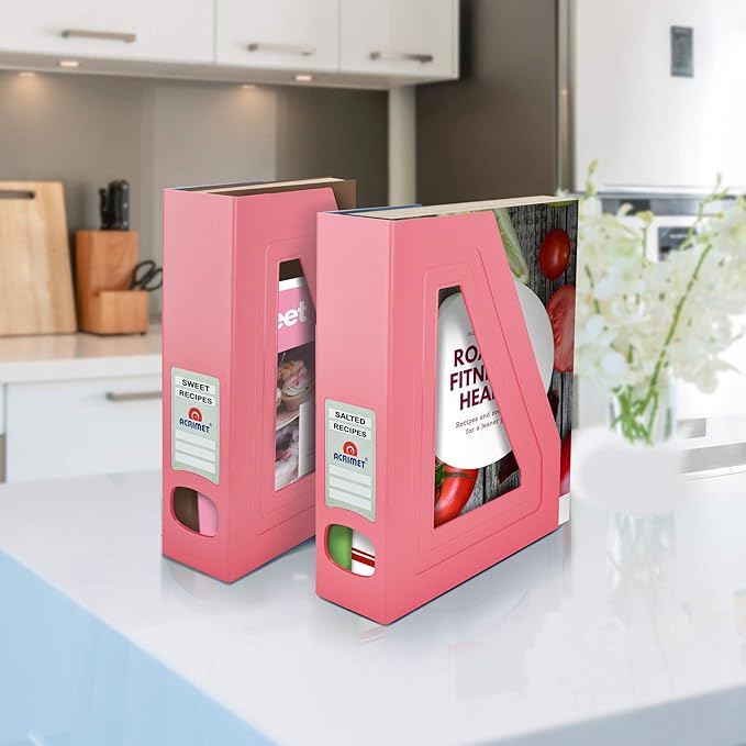 Acrimet Magazine File Holder Bin Storage, Vertical Rack for Documents, Folders and Mail, Durable Plastic Desk Organizer for Office & Home (Solid Pink Color) (2 Pack)