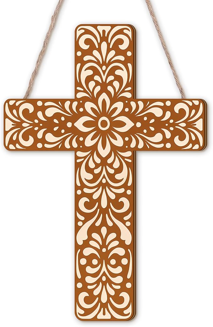 Maitys Floral Cross Wall Decor Hand Painted Decorative Inspirational Wooden Cross Mexican Art Wall Decor Mexican Crucifix for Home Room Church Decoration(Beige Talavera Tile)