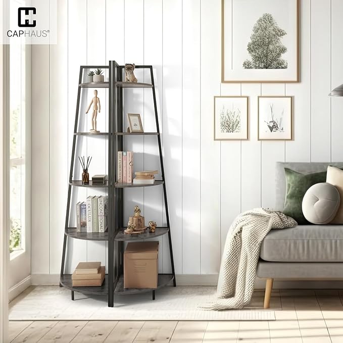 CAPHAUS Tall Corner Shelf Stand, 4-Tier Display Shelves, Ladder Corner Wood Storage Plant Bookshelf with Metal Frame, Versatile Shelving Unit Bookcase for Home Office Space, Dark Grey