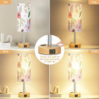 Fenmzee Floral Touch Lamp for Bedroom- 3 Way Dimmable Bedside Lamp USB C A Charging Ports and AC Outlet, Small Table Lamp Floral Linen Lampshade for Gift, LED Bulb Included