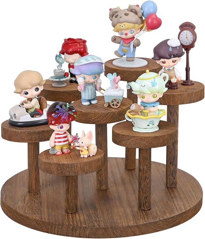 Ikee Design 7-Tier Wooden Display Riser for Jewelry, Accessories, and Collectibles items Wooden Jewelry and Figurine Display Risers, Multilevel Stand for Action Figures and Home Decor, Brown Color